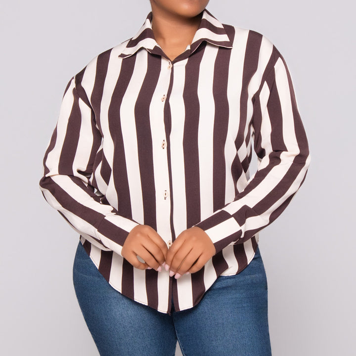 Choc/Stone Striped Long Sleeve Polyspan Blouse