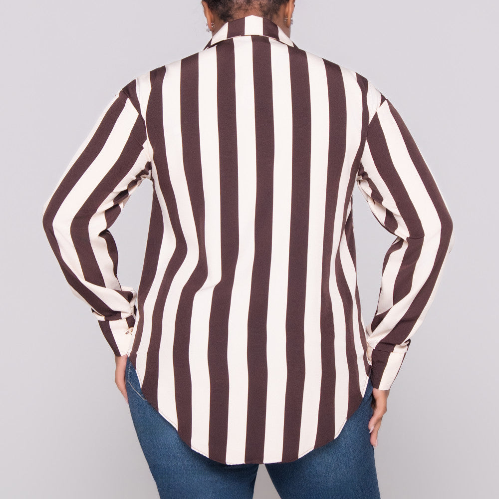 Choc/Stone Striped Long Sleeve Polyspan Blouse