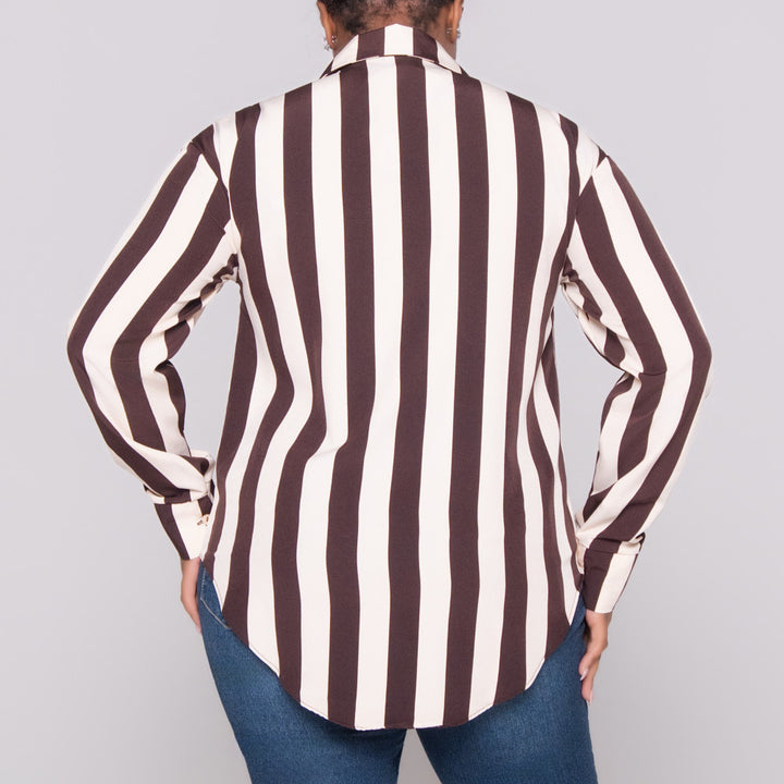 Choc/Stone Striped Long Sleeve Polyspan Blouse