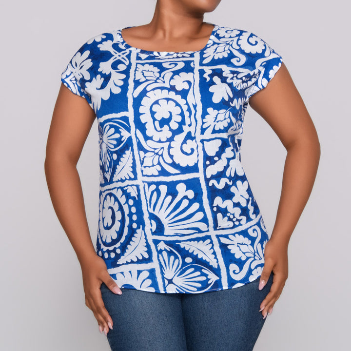 Blue Printed Cap Sleeve Top