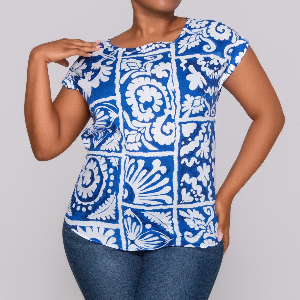 Blue Printed Cap Sleeve Top