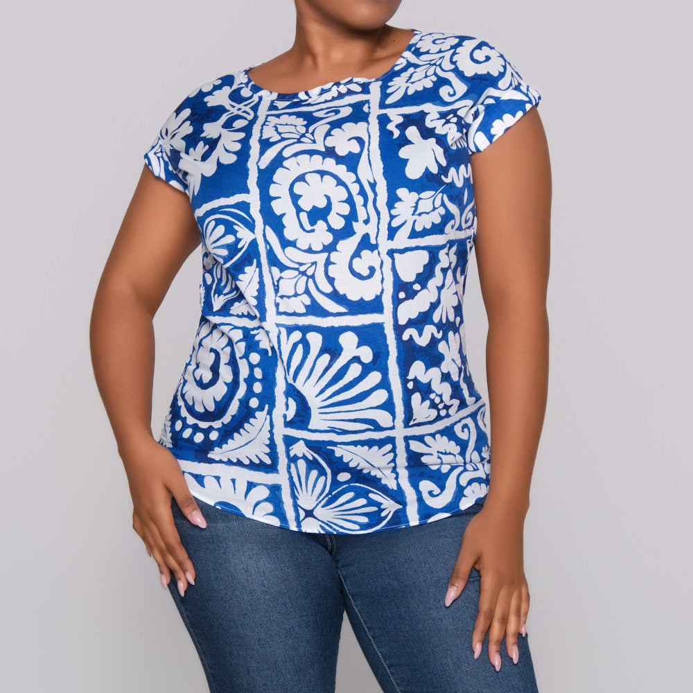Blue Printed Cap Sleeve Top