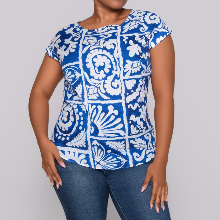 Blue Printed Cap Sleeve Top