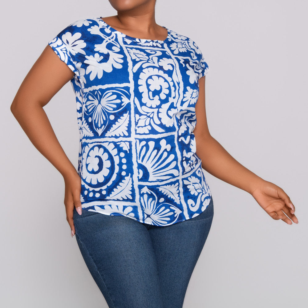 Blue Printed Cap Sleeve Top