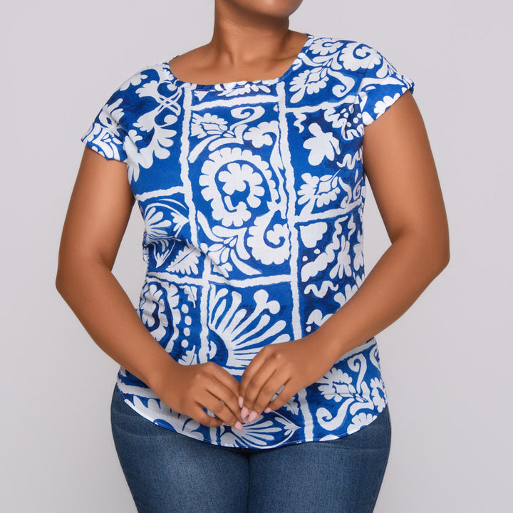 Blue Printed Cap Sleeve Top