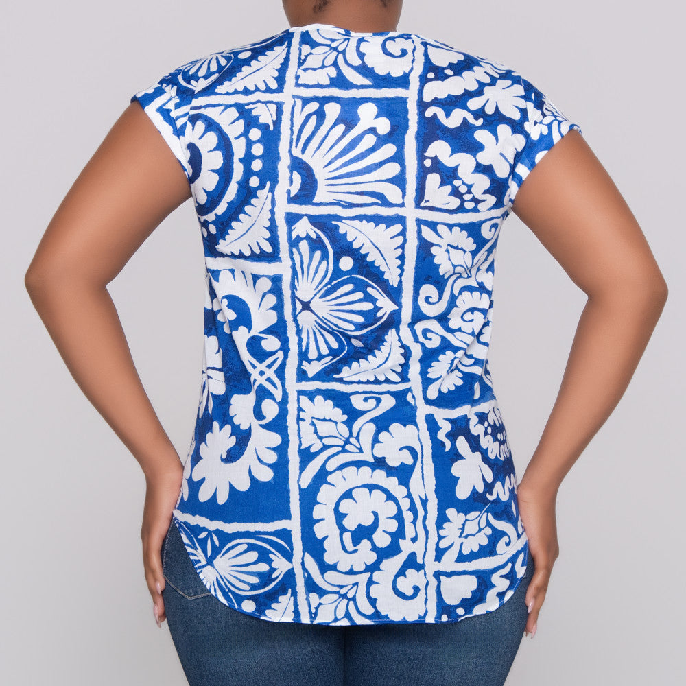 Blue Printed Cap Sleeve Top