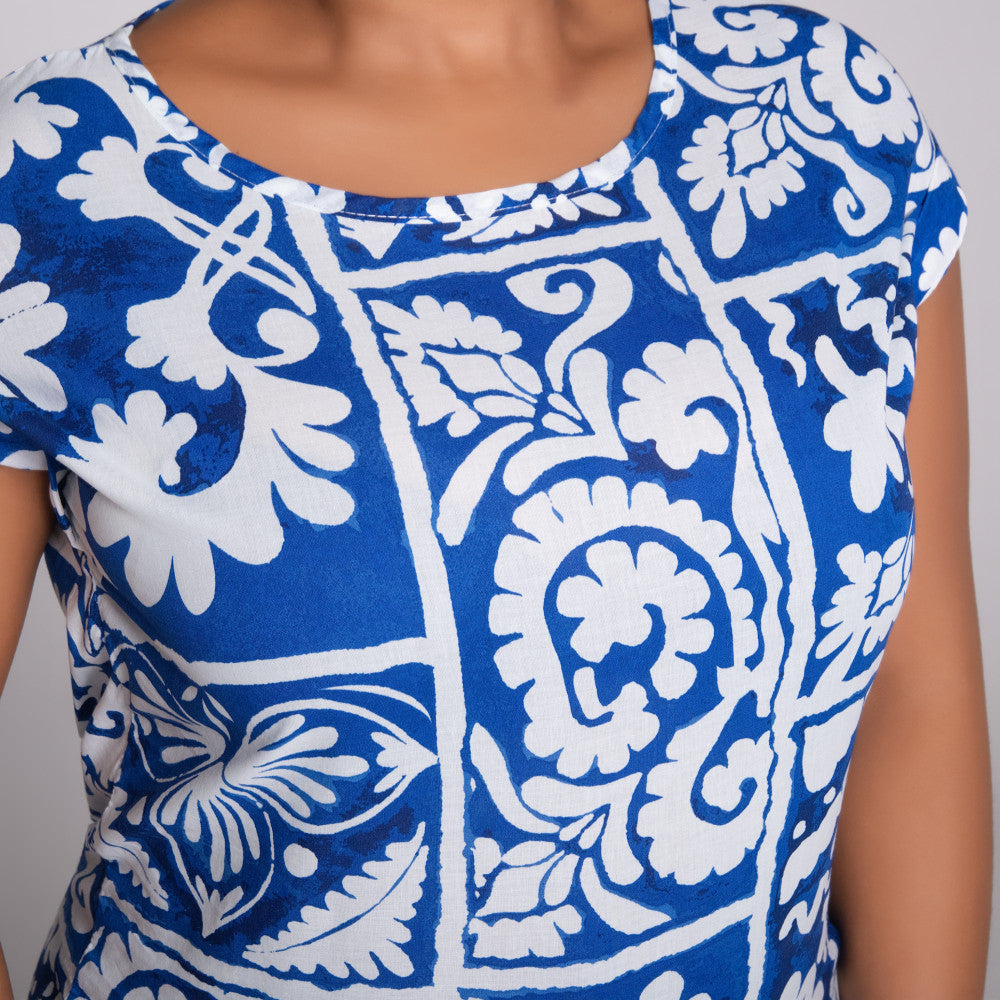 Blue Printed Cap Sleeve Top