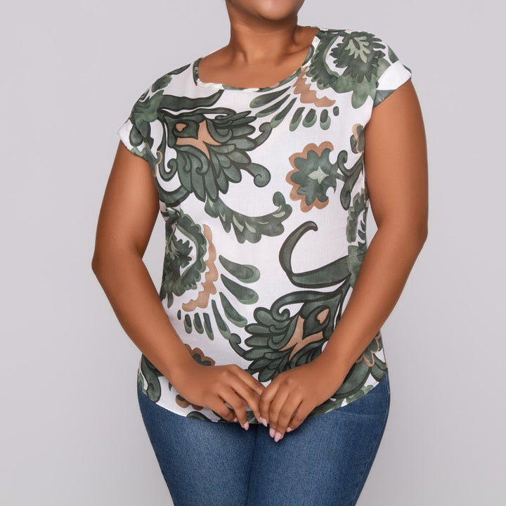 Green Printed Cap Sleeve Top