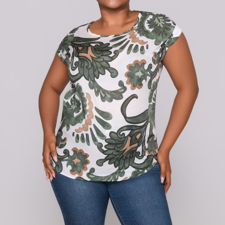 Green Printed Cap Sleeve Top