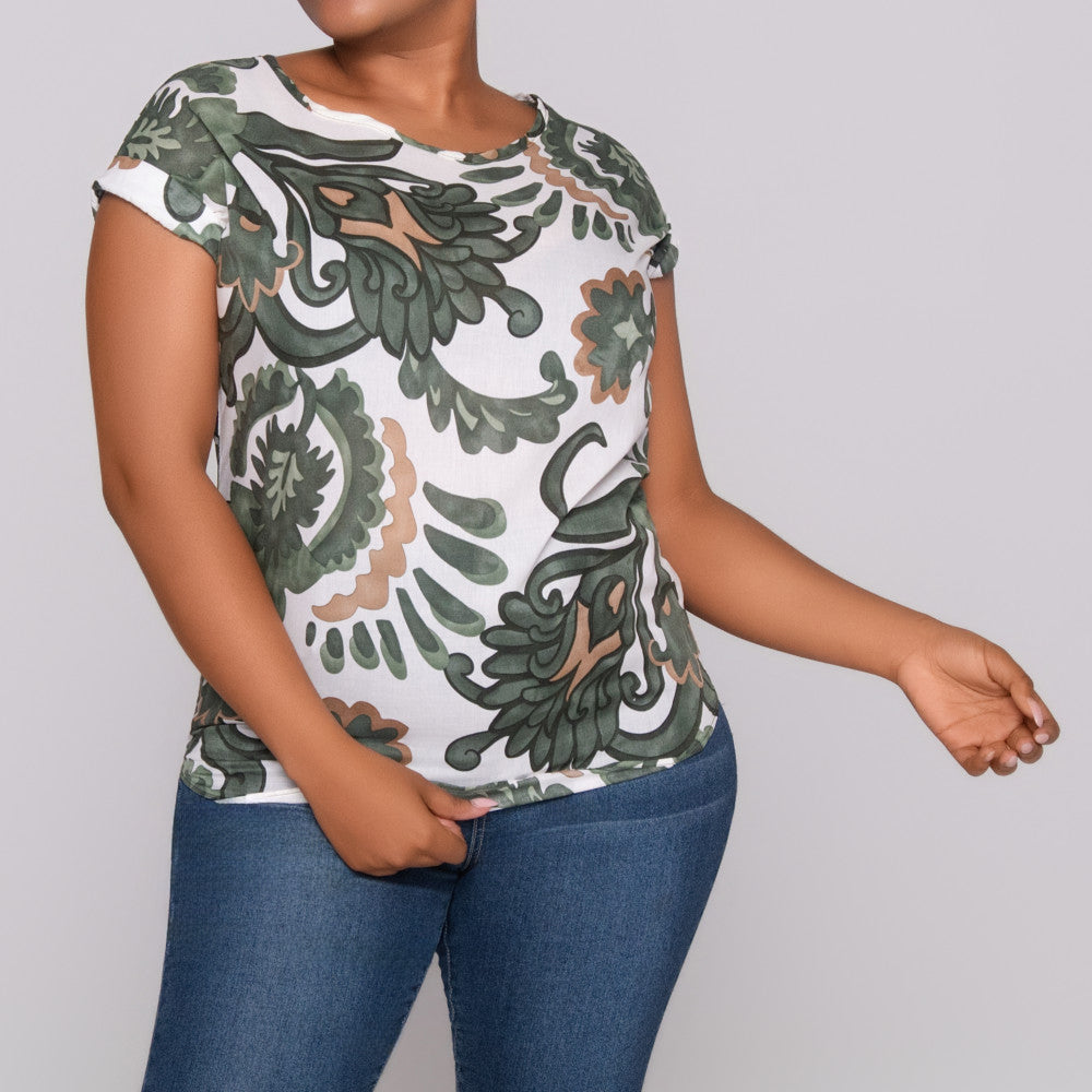 Green Printed Cap Sleeve Top