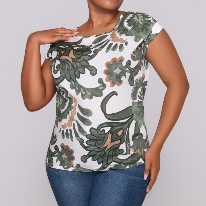 Green Printed Cap Sleeve Top