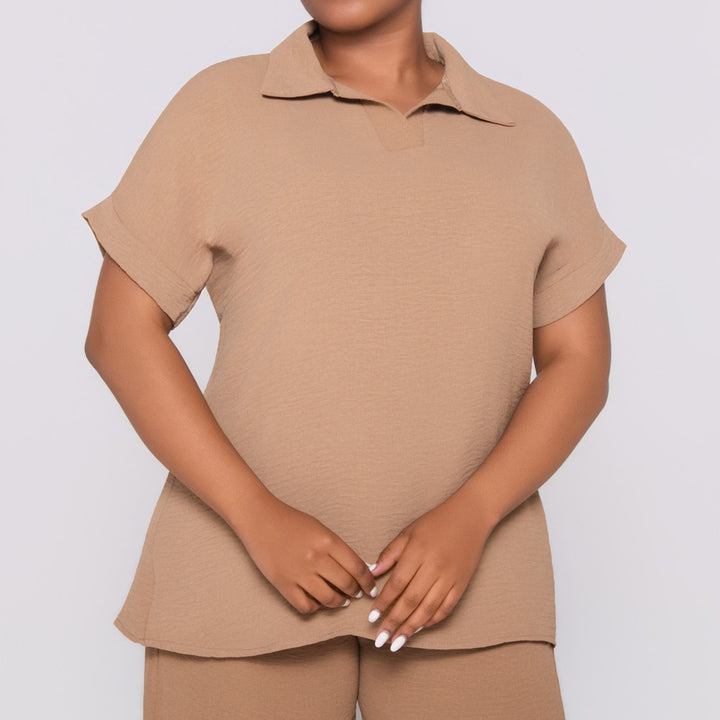 Camel Johnny Collar Top