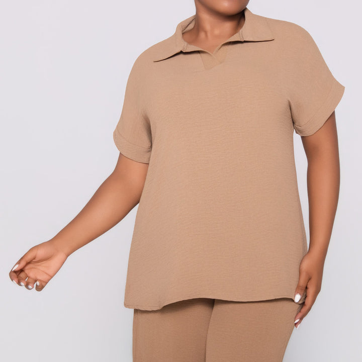 Camel Johnny Collar Top