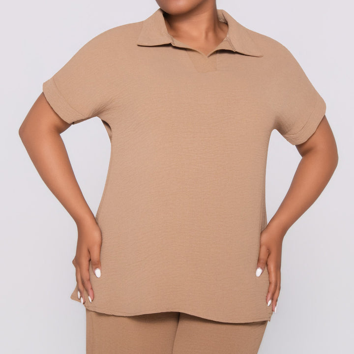 Camel Johnny Collar Top