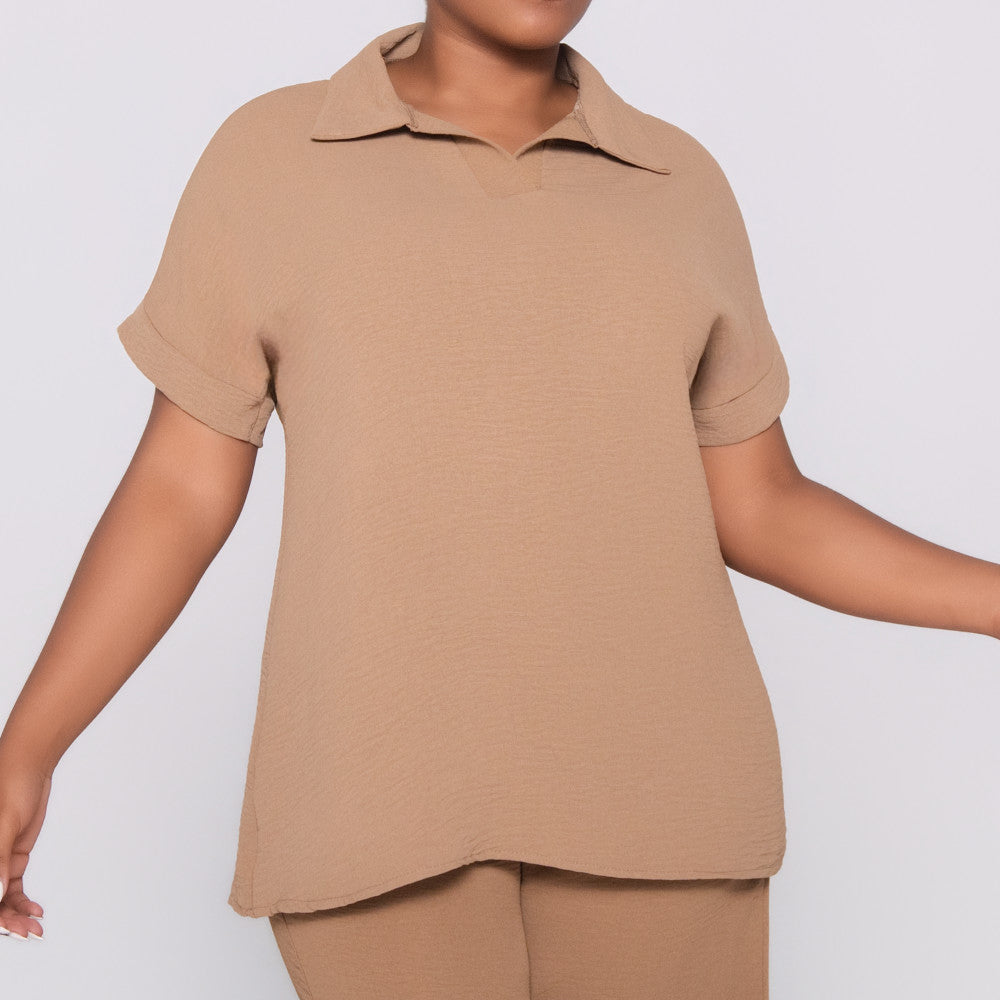 Camel Johnny Collar Top