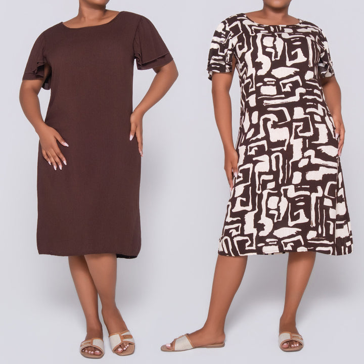 Twin Pack Brown Short Sleeve Printed And Plain Tunic