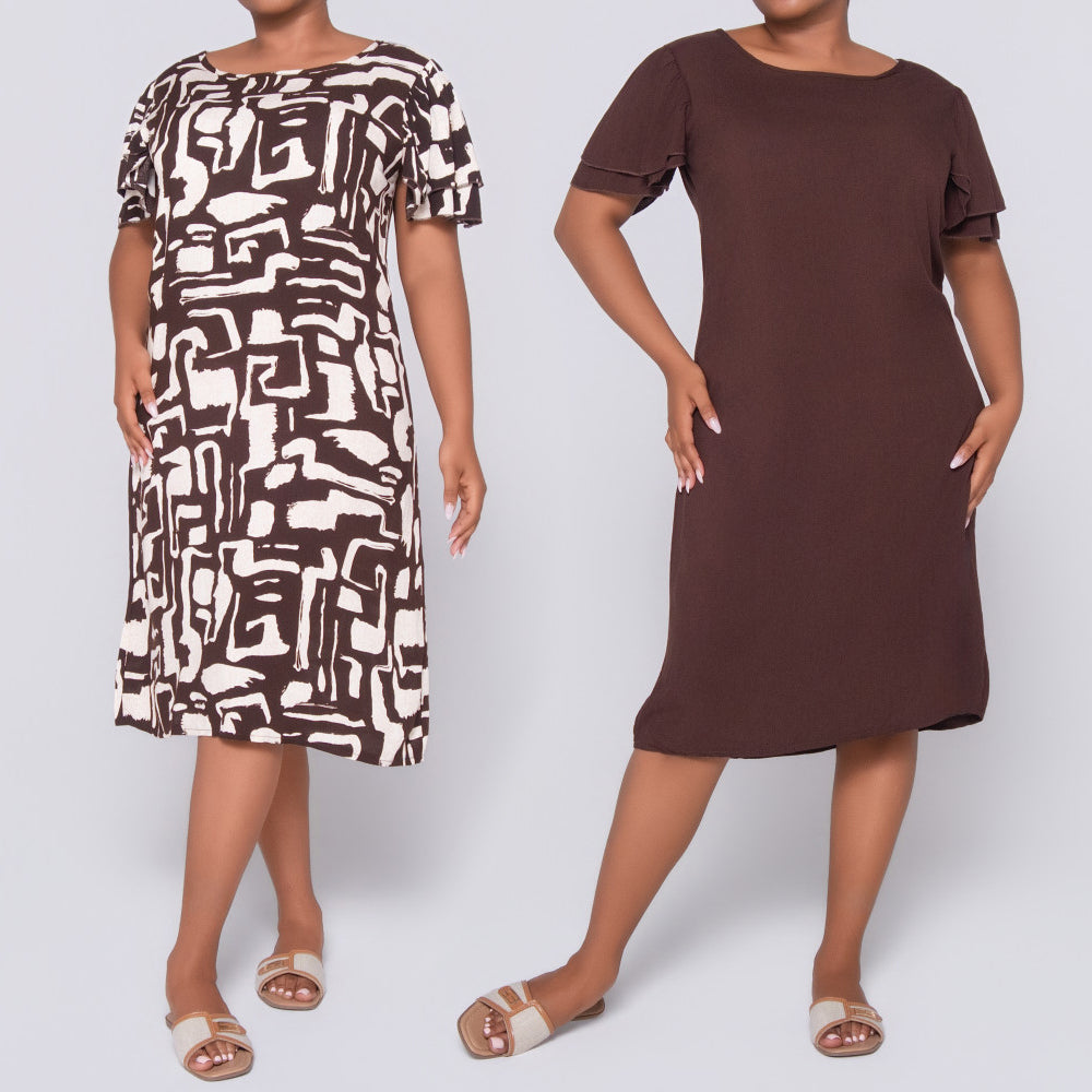 Twin Pack Brown Short Sleeve Printed And Plain Tunic