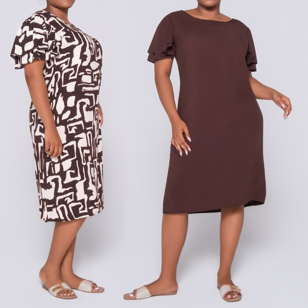 Twin Pack Brown Short Sleeve Printed And Plain Tunic