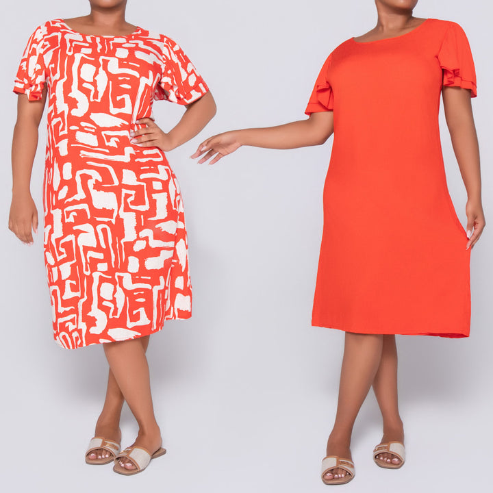 Twin Pack Terracotta Short Sleeve Printed And Plain Tunic