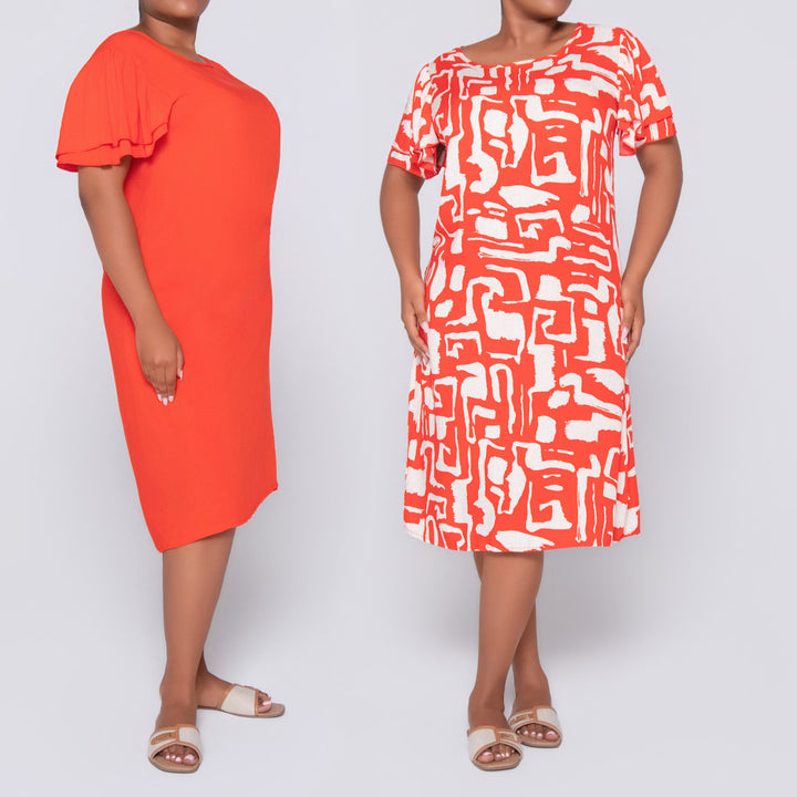 Twin Pack Terracotta Short Sleeve Printed And Plain Tunic
