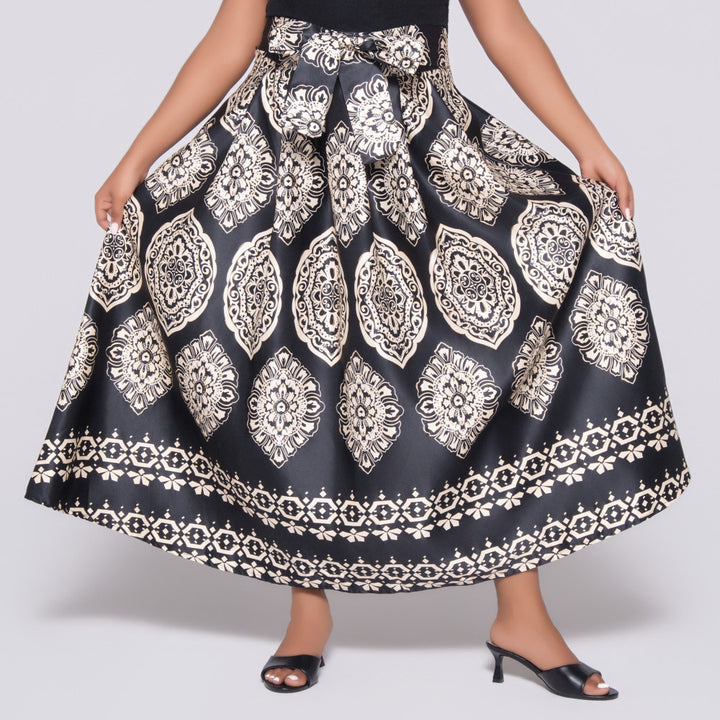 Blk/Stone Printed Satin Skirt