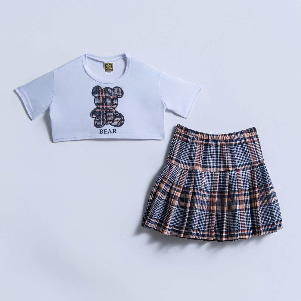 Girls Teddy Print Skirt And Top Set