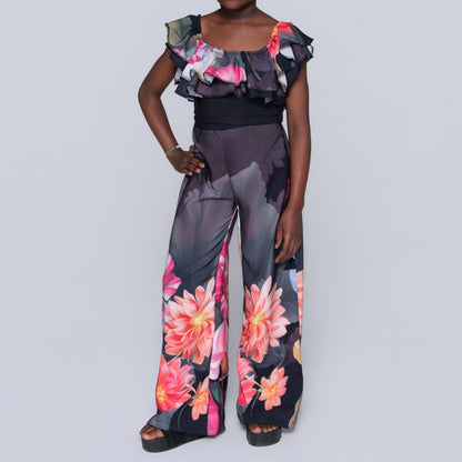 Girls Printed Black Top And Pants Set