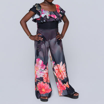 Girls Printed Black Top And Pants Set