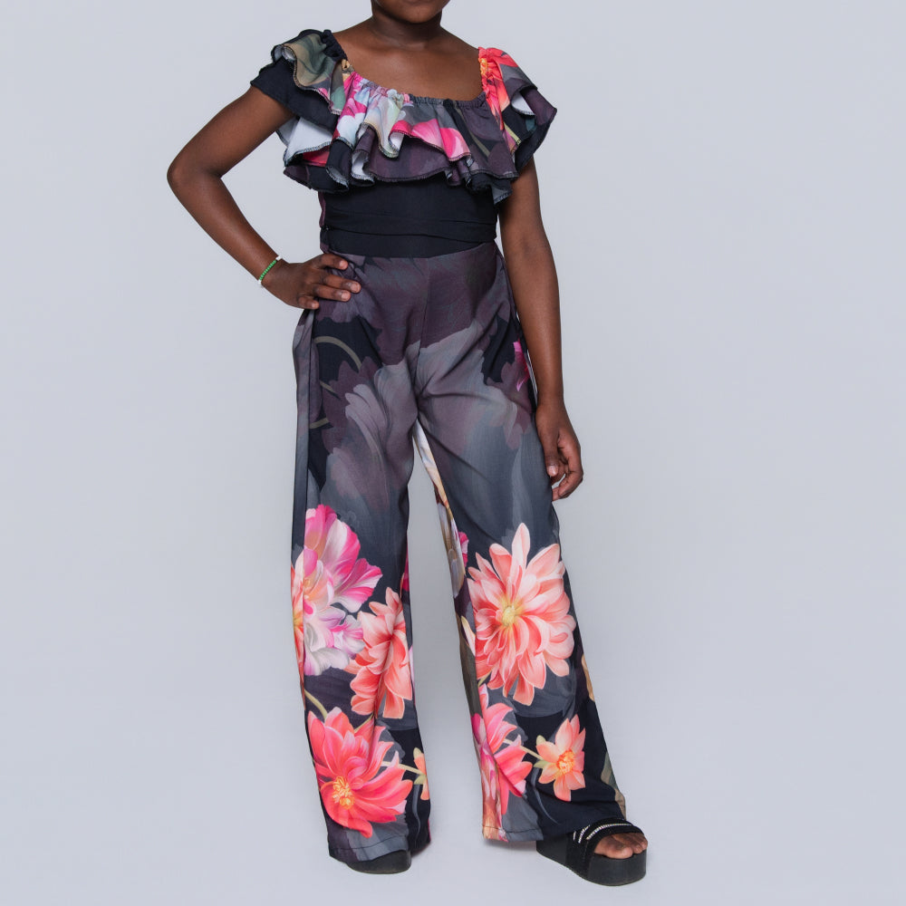 Girls Printed Black Top And Pants Set