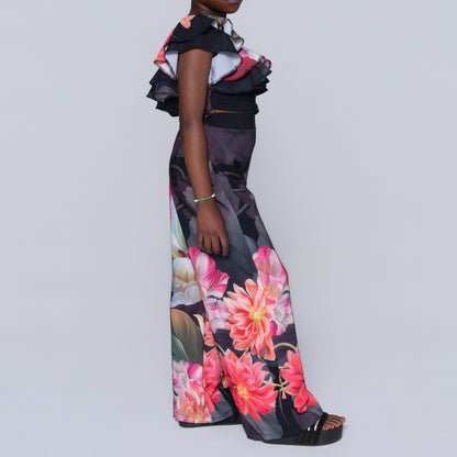 Girls Printed Black Top And Pants Set