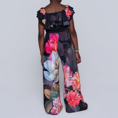 Girls Printed Black Top And Pants Set