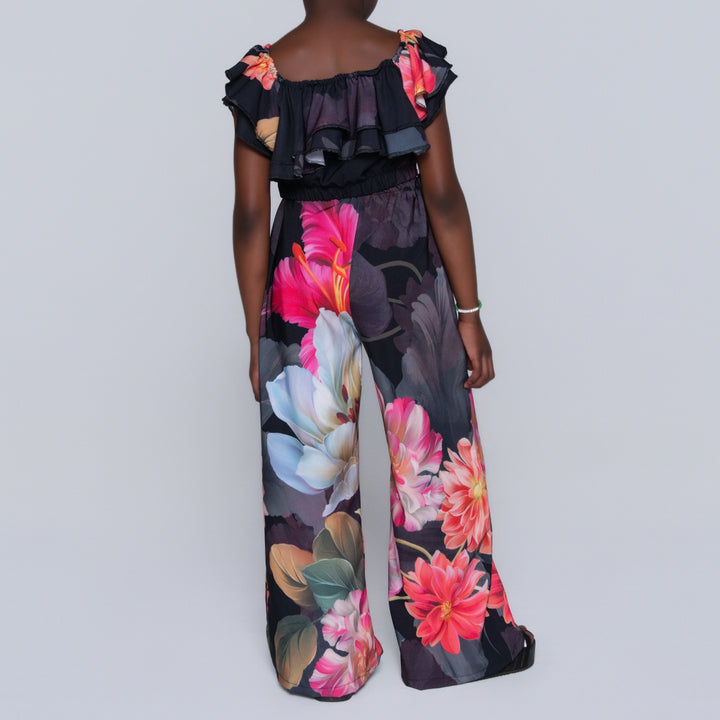 Girls Printed Black Top And Pants Set