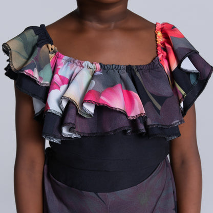 Girls Printed Black Top And Pants Set