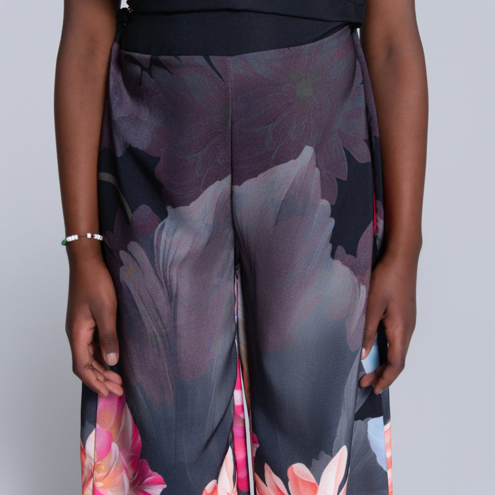 Girls Printed Black Top And Pants Set