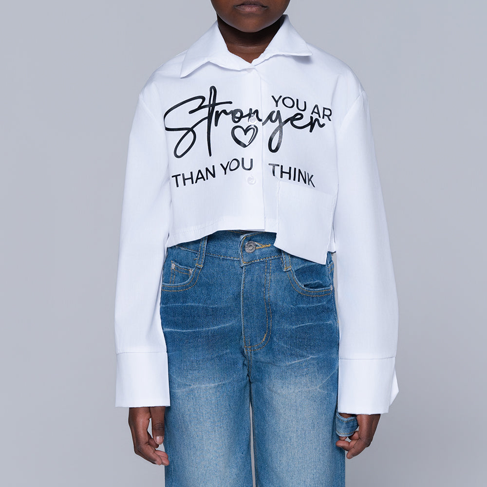 Girls White Printed Crop Shirt