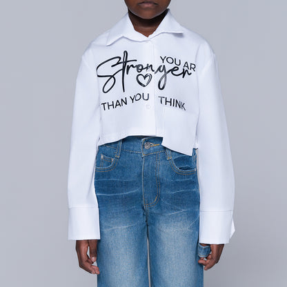 Girls White Printed Crop Shirt