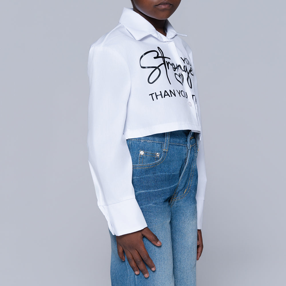 Girls White Printed Crop Shirt