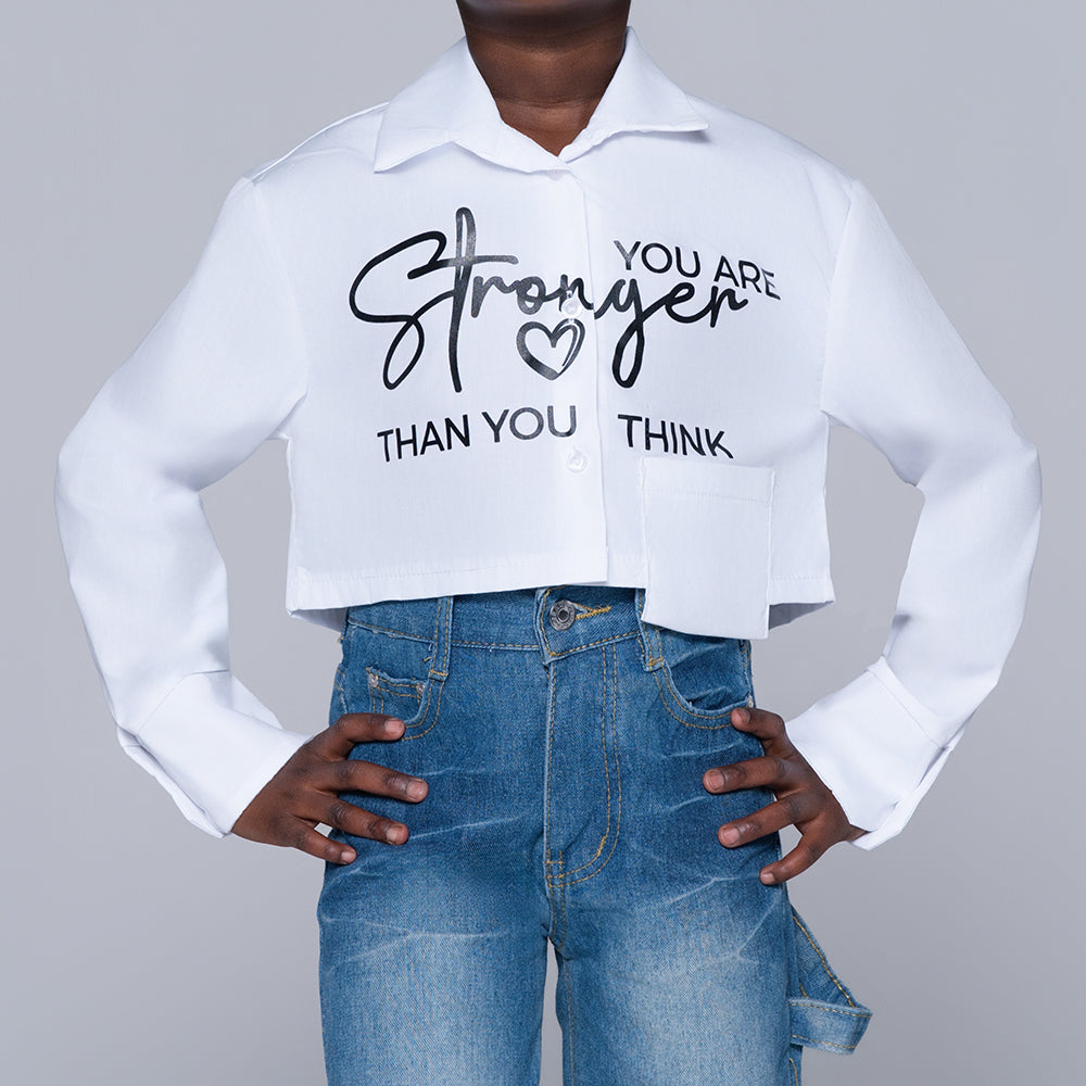 Girls White Printed Crop Shirt