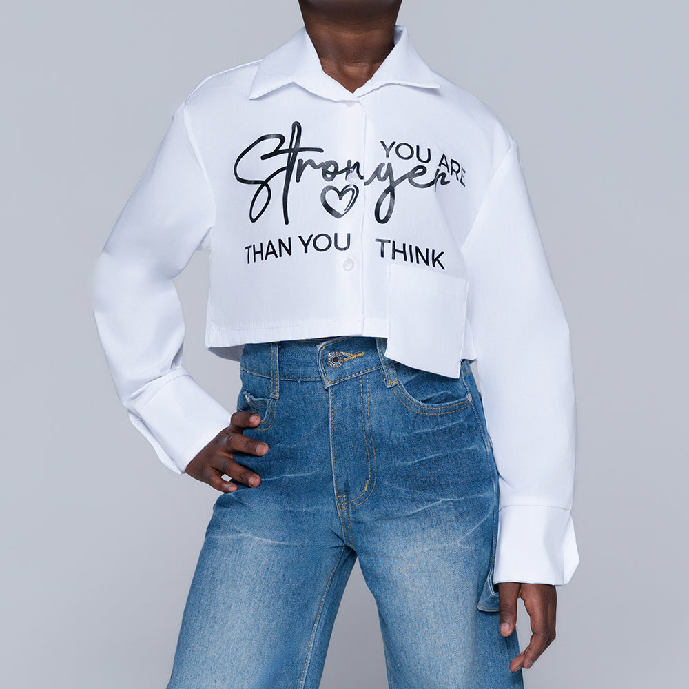 Girls White Printed Crop Shirt