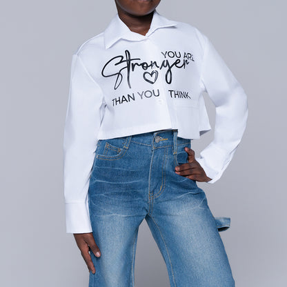 Girls White Printed Crop Shirt