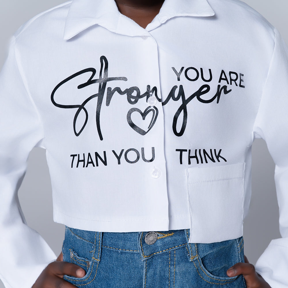 Girls White Printed Crop Shirt
