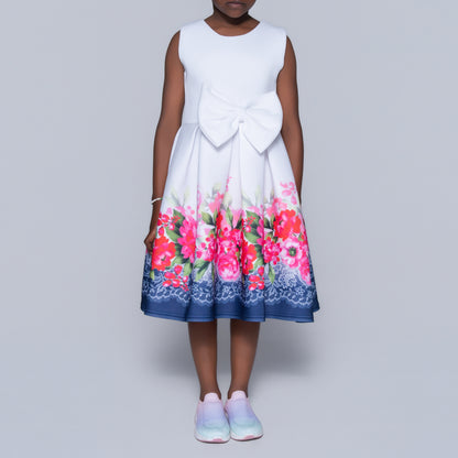 Girls Printed White Scuba Dress