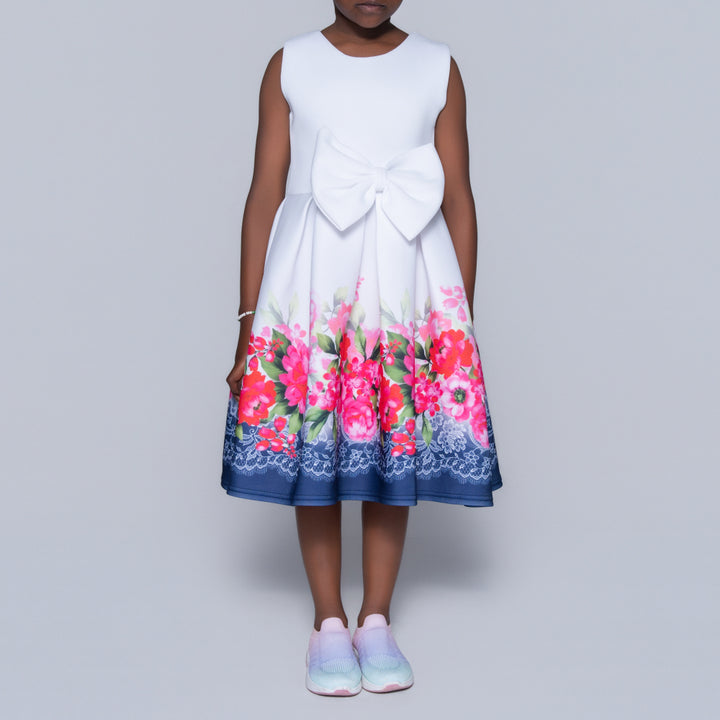 Girls Printed White Scuba Dress