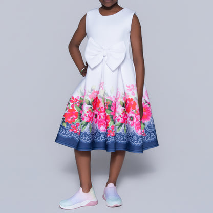 Girls Printed White Scuba Dress