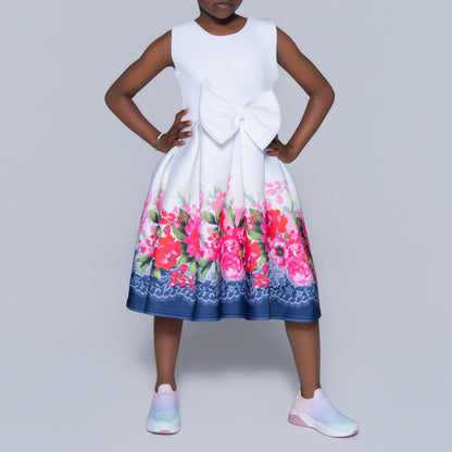 Girls Printed White Scuba Dress