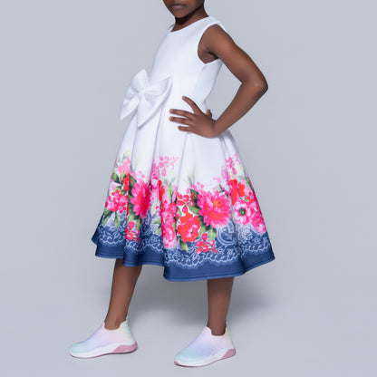 Girls Printed White Scuba Dress