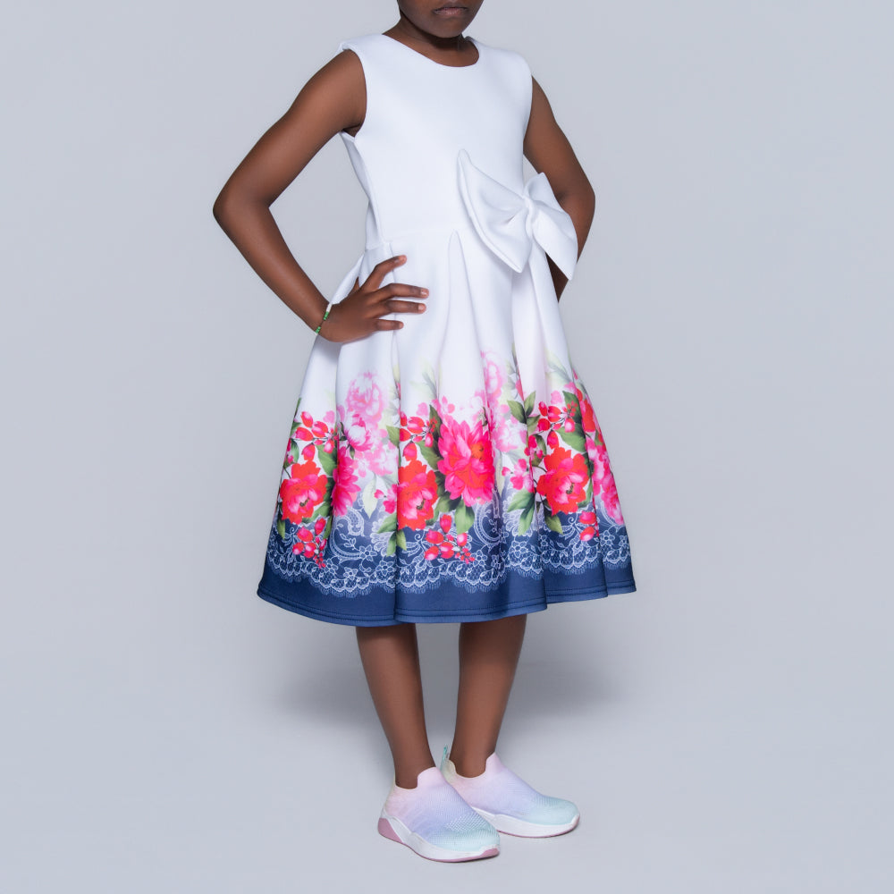 Girls Printed White Scuba Dress