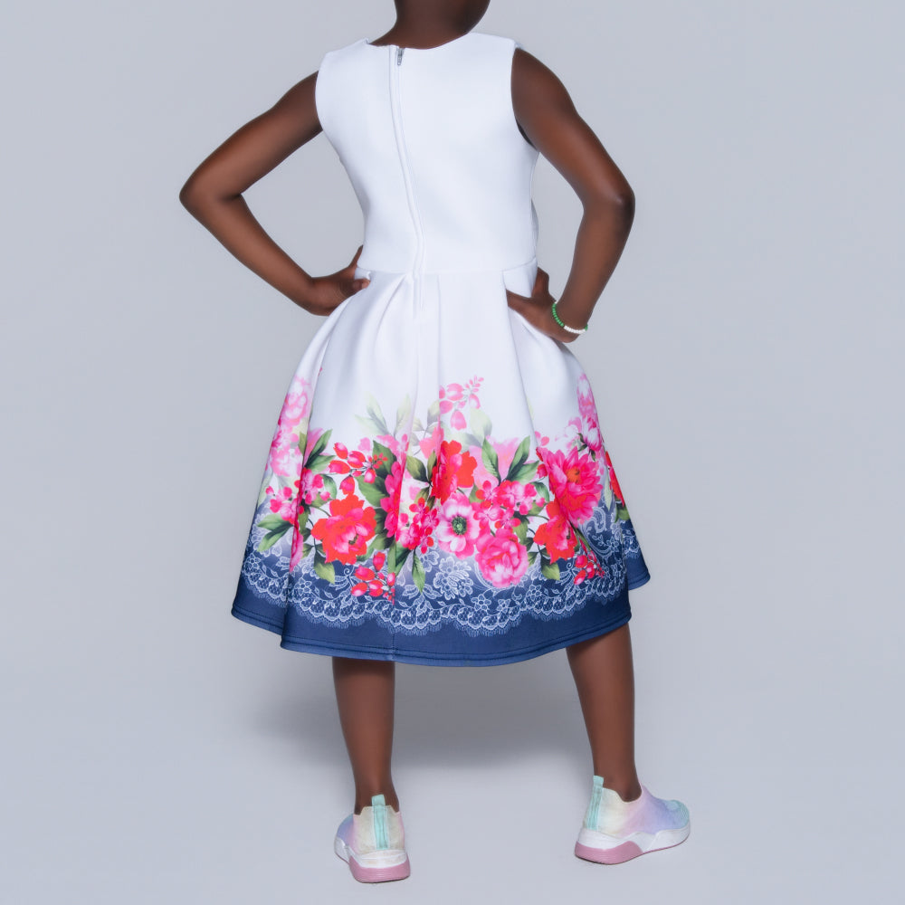 Girls Printed White Scuba Dress