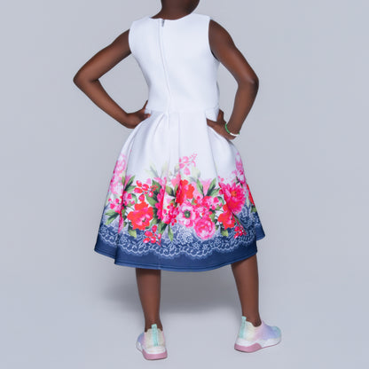 Girls Printed White Scuba Dress
