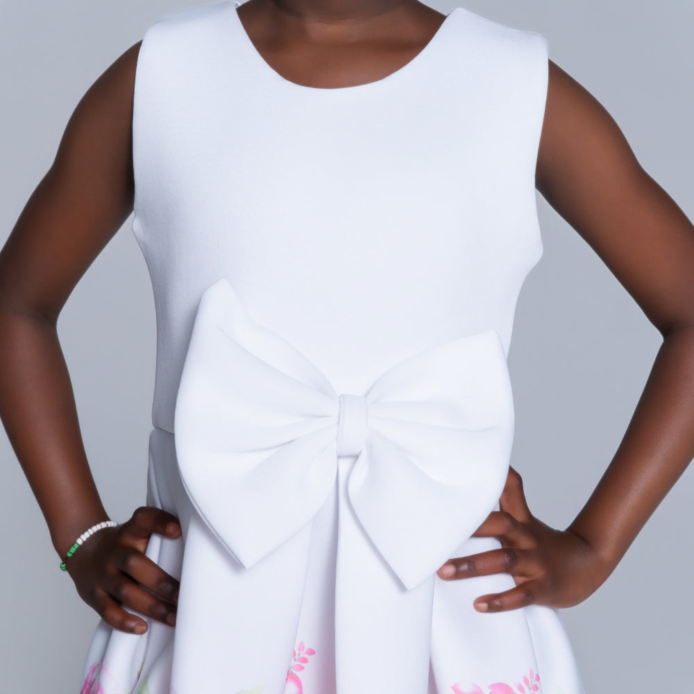 Girls Printed White Scuba Dress